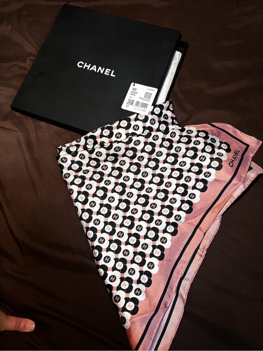 Chanel Pink & Black Logo Silk Scarf